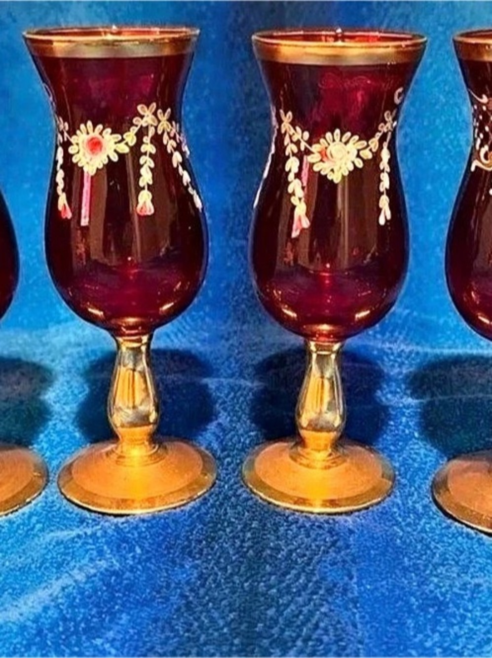 Murano Ruby Glass Goblets w Gold Floral Enamel